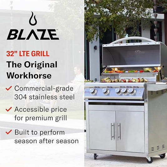 Blaze Grills Premium LTE+ | 32-Inch 4-Burner Barbecue | Built-In Propane Gas Grill | Professional Stainless Steel BBQ | Rear Infrared Burner + Rotisserie Kit | BLZ-4LTE3-LP
