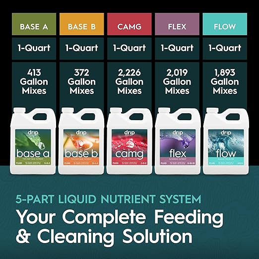5-Part Nutrient Kit, Liquid Growth & Bloom Nutrition System, Base A, Base B, CaMg, Flex, Flow, Supports Growth to Bloom, pH Stable & Clean for Hydroponics, Soil and Coco, 5 Quarts Total