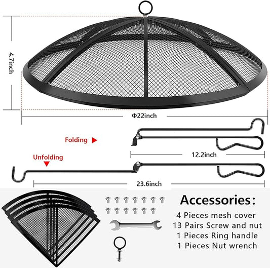 Fire Pit Spark Screen, Fire Pit Screen 22 Inch Round with Handle & Poker, Collapsible Heavy Duty Mesh Fire Pit Cover Fire Pit Lid for Outdoor/Patio/Backyard/RV Camping/Beach