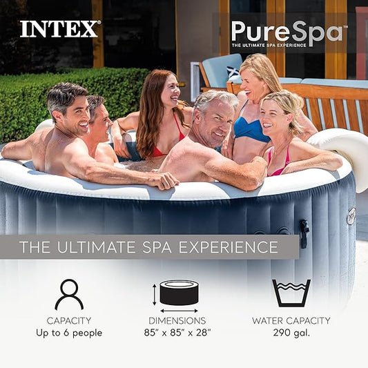 INTEX 28431EP PureSpa Plus Bubble Massage Inflatable Spa Set: Includes Energy Efficient Spa Cover –2 Headrests – LED Light – 6 Person Capacity – 85" x 28"