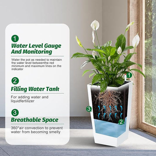 Garvee 16" Tall Planters Set of 2, Outdoor&Indoor Black Planter Pots, High Front Porch Planter Pots with Drainage Holes&Water Level Monitor&Inner Bucket,White