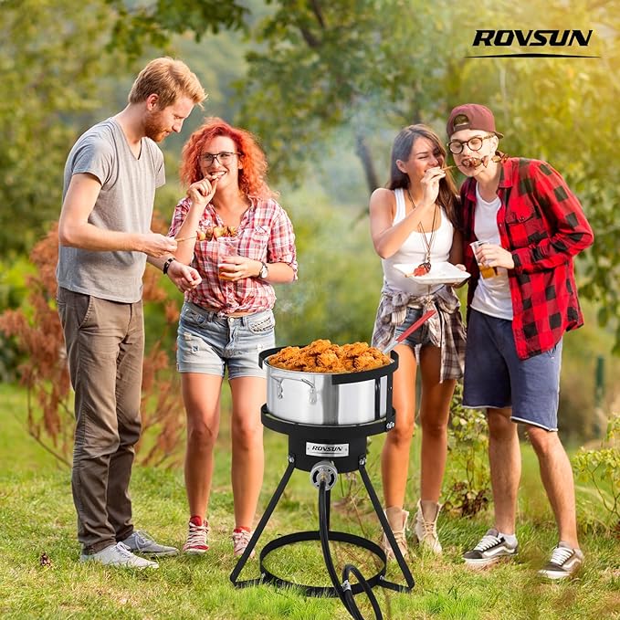 ROVSUN 10Qt Fish Fryer Pot with 55,000 BTU Propane Burner, 6.7Qt Strainer Basket, Thermometer & Lid, Aluminum Pot for Fish Chicken Wings, Seafood Frying & Outdoor Backyard Cooking