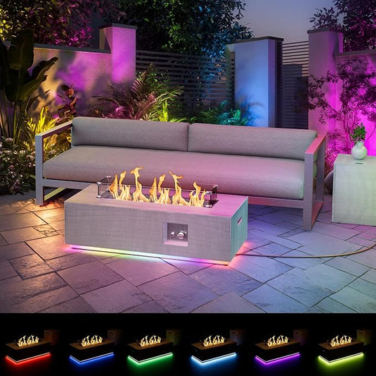 42" Propane Fire Pit Table with RGB LED Light 50,000 BTU Patio Propane Fire Pit Table Includes Wind Guard, Lid, Rocks & Cover - Deck Firepit - Chimenea de Gas (Light Gray/RGB Light, 42" LED)