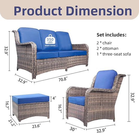 5 Pcs High Back Wicker Patio Furniture Set with Ottoman, Outdoor Sectional Couch Include 3 Seater Couch with Thick Cushion for Balcony Deck Yard and Porch, Blue