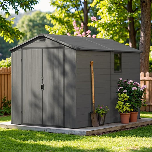 Greesum 6×10FT Plastic Outdoor Storage Shed with Floor, Resin Storaged Sheds with Lockable Double Door, Windows & Vents, All-Weather Tool Sheds for Garden, Backyard, Patio, Dark Gray