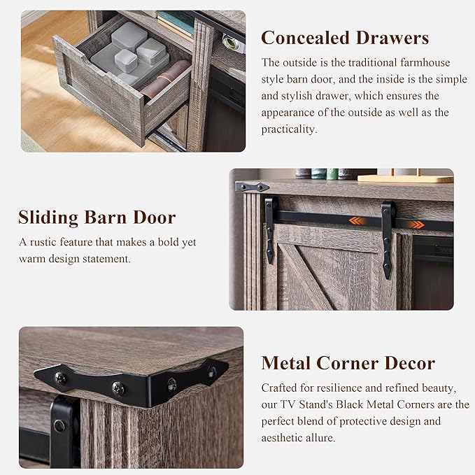 LINGMU Farmhouse TV Stand for 75 80 Inch TV, 32" Tall Entertainment Center w/4 Drawers & Sliding Barn Door, Rustic Media Console w/Storage Shelves, 66" Wood Television Stand for Living Room, Grey