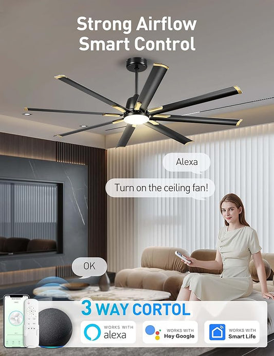 72 Inch Ceiling Fan with Light,Industrial Ceiling Fan with 8 Aluminium Blades,Black Gold Smart Fan Compatible with Alexa,Garage Outdoor Indoor Fan for Patio and Living Room