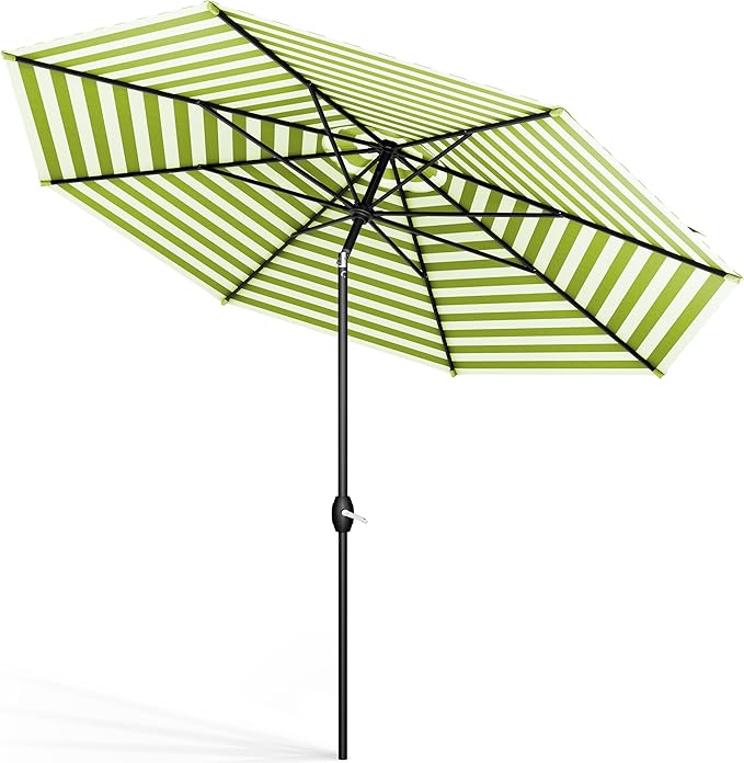 MIDTOWN UMBRELLAS The Lean 6 Feet Outdoor Umbrella With Terylast Pear Stripes (Green/White Stripes) Polyester Fabric - Auto-Tilt Aluminum Frame Patio Umbrella For Deck, Garden, Pool - Black Pole