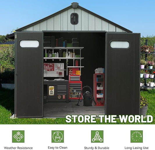 8X6 FT Outdoor Resin Storage Shed, Waterproof Plastic Garden Shed with Lockable Door, Windows & Vents, Outside Storage Tool Shed for Patio Furniture, Lawn Mower, Bike