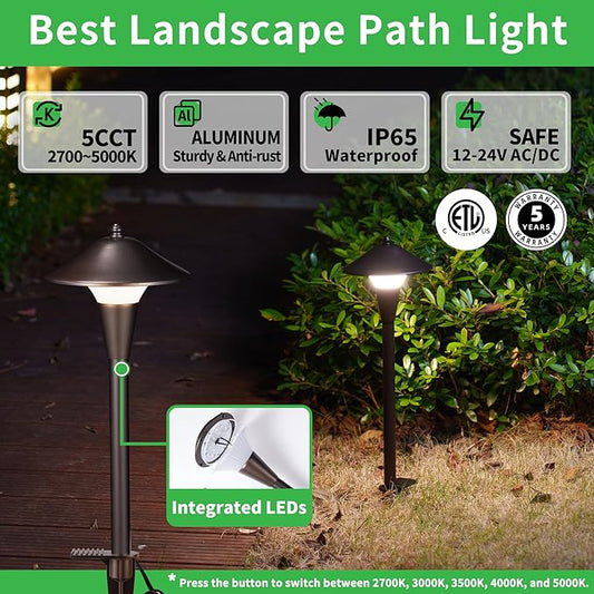 Varmtalys Hardwired Landscape Path Lights, Warm & Cool White Selectable Pathlight 12V, Low Voltage Walkway Light Waterproof, 5W 200LM ORB Metal Outdoor Lighting for Driveway Garden Sideway (6 Pack)