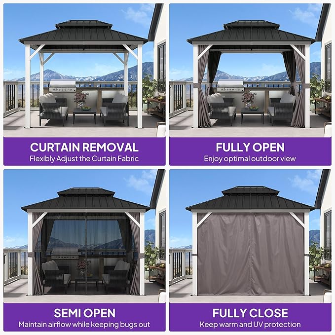 PURPLE LEAF 8' X 10' Hardtop Gazebo Metal Double Roof White Aluminum Frame Outdoor Heavy Duty Gazebo with Curtain and Netting for Patio Garden and Backyard, Grey