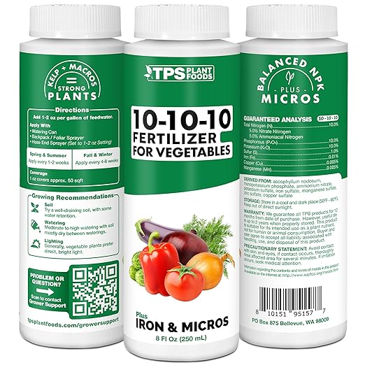 TPS NUTRIENTS Liquid 10-10-10 Fertilizer for Vegetables, Triple Ten NPK Plus Iron and Micros, Liquid Plant Food, 32 oz (1 Quart)