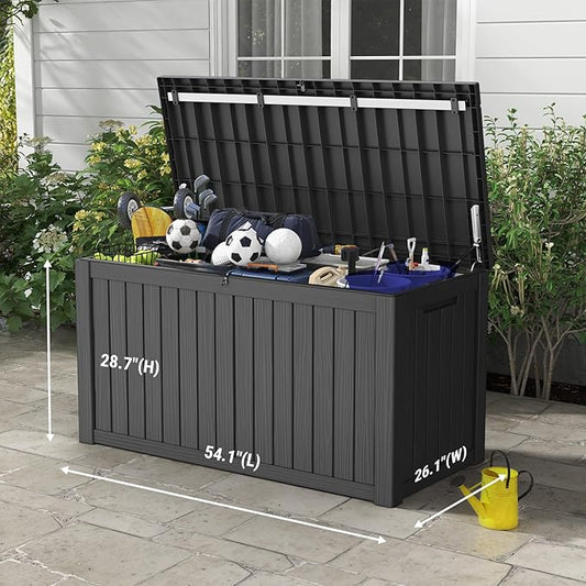 Mars Villa Deck Box, Waterproof and Weatherproof Large Resin Storage Bin with Lockable Lid, Ideal for, Outdoor, Patio Furniture Cushions, Pool Supplies, Garden Tools (150 Gallon, Black)