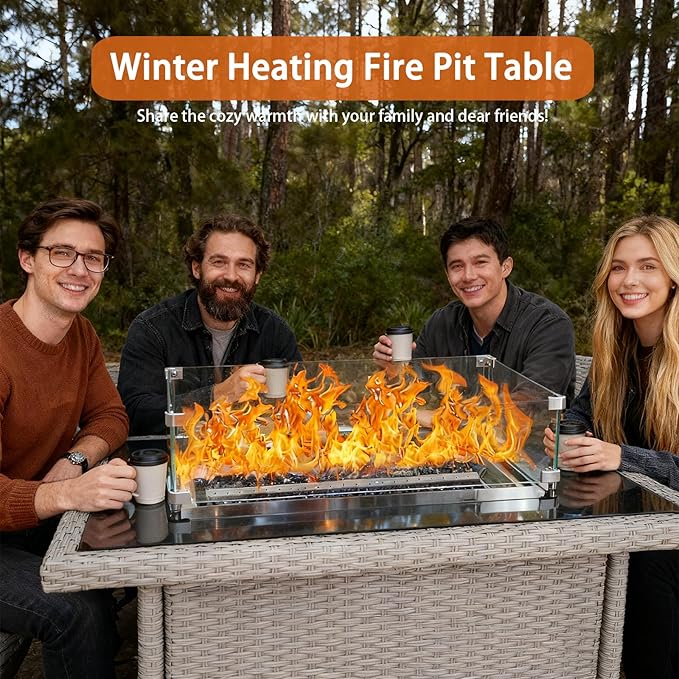 44 Inch Propane Fire Pit Table, 50000 BTU Gas Fire Pit with Glass Wind Guard & Lid, Outdoor Wicker Fire Table for Patio, Garden, Backyard (Grey)