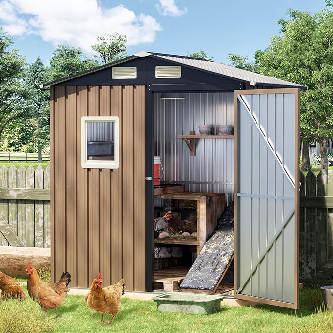 6x4 FT Outdoor Metal Storage Shed, Single Door, 1 Clear Window, Tool Shed for Garden, Patio, Backyard Brown