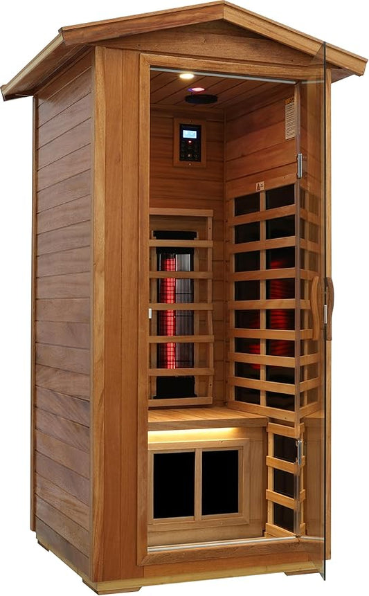 LTCCDSS Outdoor Ceramic Sauna 1 Person, Mahogany Far Infrared Sauna, Low EMF Sauna Room for Home, Chromotherapys | Bluetooth Speakers | Mahogany West African (45.7 * 39.4 * 79.5 inch)
