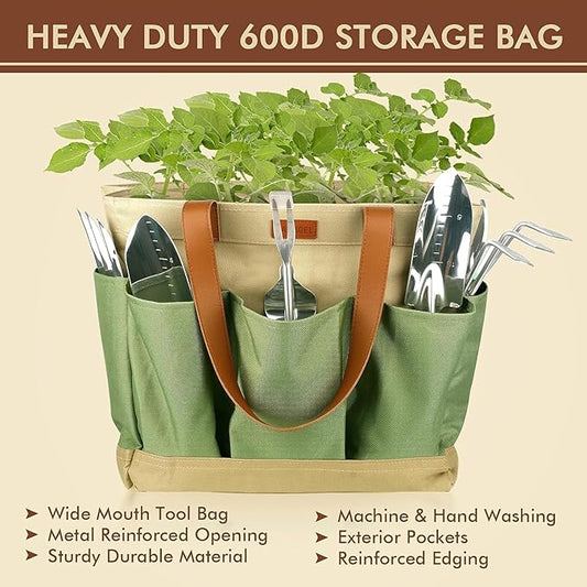 YAUNGEL Gardening Tools - 10 Pcs Garden Tool Set Heavy Duty Stainless Steel Garden Supplies Hand Tools with Wooden Handle, Storage Tote Bag, Gardening Gifts for Women and Men