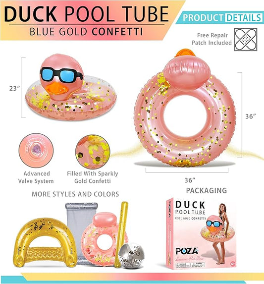 POZA Inflatable Duck Pool Float Tube- Heavy Duty Vinyl UV Resistant Confetti Pool Duck Floatie, Animal Pool Float Swim Ring Pool Inflatables for Kids and Adults for Beach, Party, Vacation