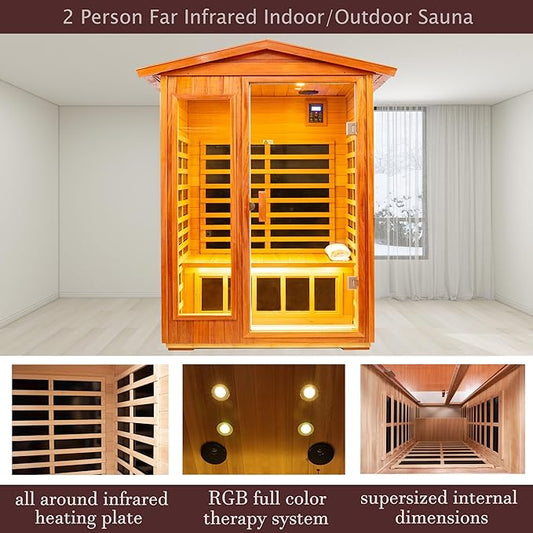 Outdoor Sauna 2 Person Infrared Sauna Far Infrared Saunas for Home 0-5 mg Low EMF Home Sauna Spa Mahogany Wood Sauna Room with Bluetooth Speakers, LED Reading Lamps, Chromotherapy Lights