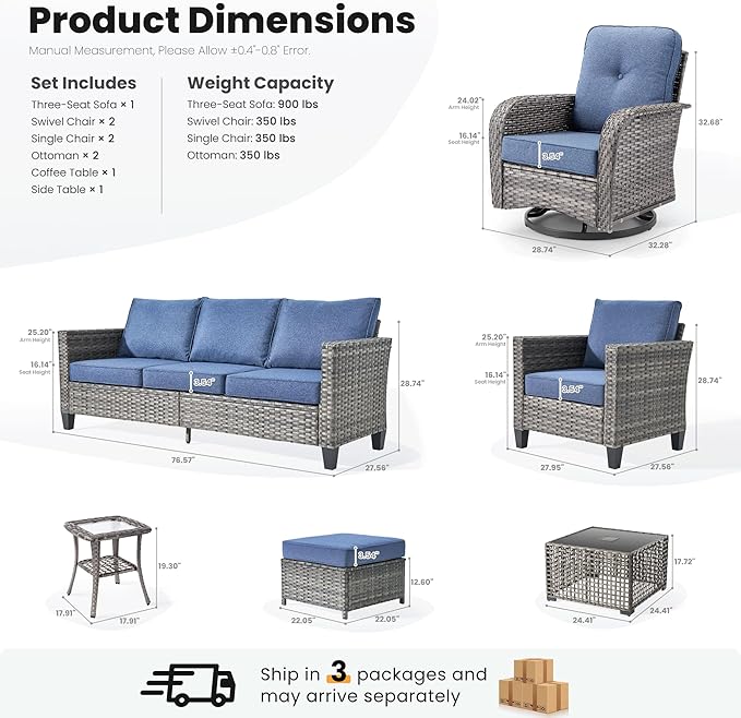 ovios 9 Pieces Patio Furniture Set, Outdoor Wicker Sofa Couch with Rocking Swivel Chairs Solar Lights Table, Modern Deep Seat Rattan Conversation Sets for Porch Deck, Denim Blue