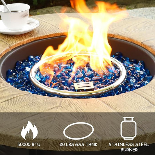 30 Inch Round Propane Fire Pit Table,50,000 BTU Iron Gas Fire Pit with Lid,Ignition Systems,w/Glass Stones and Rain Cover,Outdoor Firepit Table for Patio & Deck