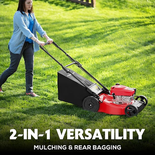 PowerSmart Lawn Mower Gas Powered, 21-Inch 144cc Engine 2-in-1 Walk-Behind Push Lawn Mower, Oil Included
