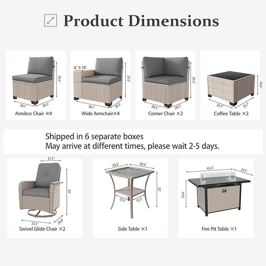 16 Pieces Patio Furniture Set with Fire Pit Table, Outdoor Sectional Wicker Sofa with Thick Cushions, High Back Swivel Rocker Patio Chairs, Rattan Conversation Set with Coffee Table, Grey
