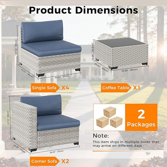 6-Seat Modular Patio Furniture Set – Outdoor Wicker Sectional Sofa with Thick 4″ Cushions, Dual-Strand PE Rattan, Rust-Resistant 18 mm Steel Frame, Backyard Garden Deck Lounge,Navy
