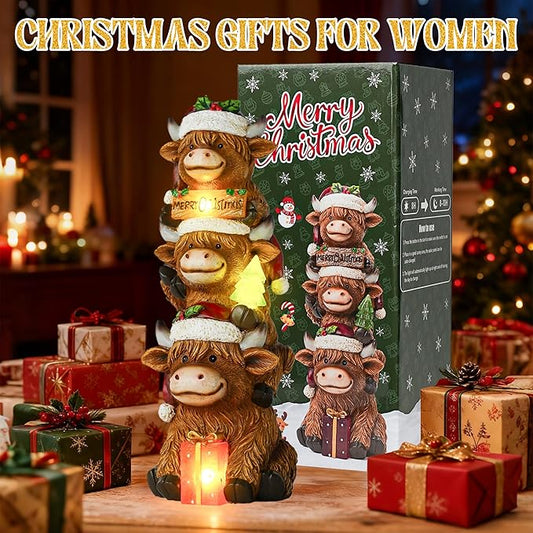 twinbling Christmas Highland Cow Decor with Solar Light Triple Highland Cow Christmas Decorations Gifts for Women Mom Funny Highland Cows Garden Statues for Garden Patio Lawn Yard Decor