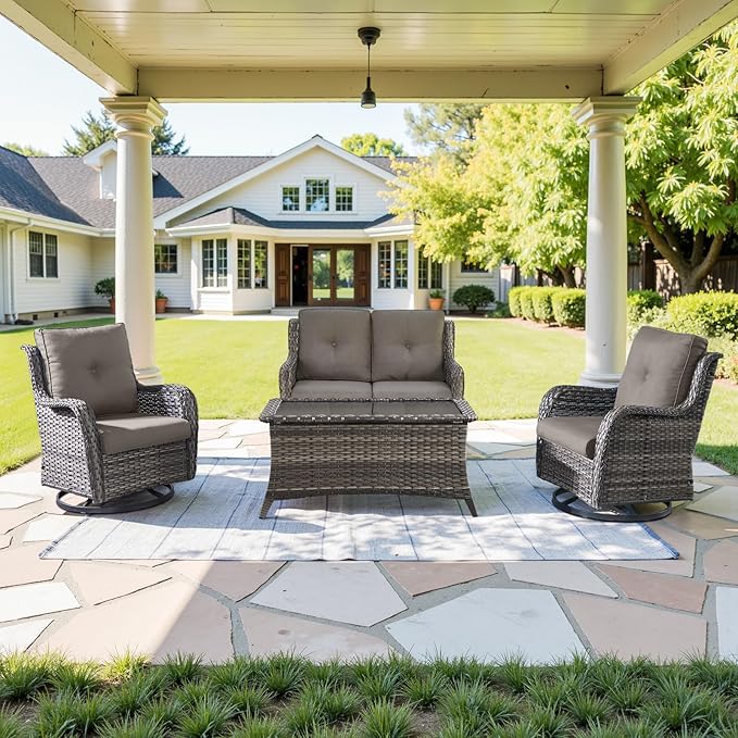 Belord Outdoor Patio Furniture Set - 7 Piece Gray Wicker Conversation Patio Furniture Set All Weather Swivel Chairs with Ottoman and Loveseat Glider Chair for Deck Balcony Backyard