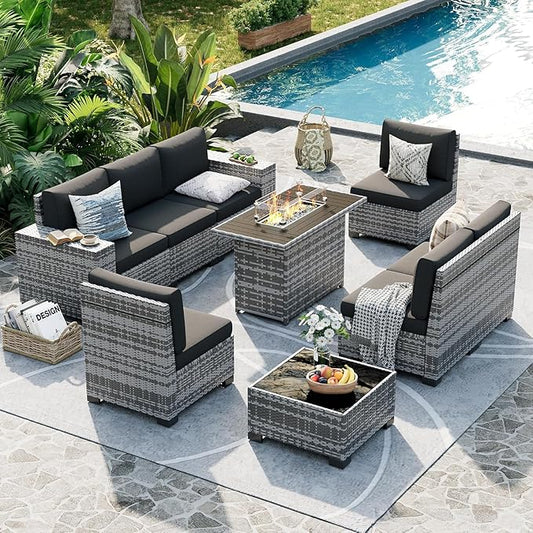 UDPATIO 44" Propane Gas Fire Pit Table, 55000 BTU Rectangular Fire Pit with Glass Wind Guard for Outside Patio Deck Garden Backyard