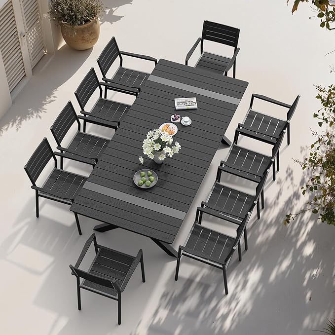 Pellebant 94" Outdoor Dining Table for 6-8, Aluminum Patio Dining Table with Umbrella Hole, Waterproof Wood-Like Tabletop for Lawn Garden Backyard, Black