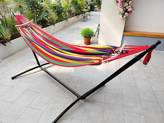 GOCAN Double Hammock 2 Person Large 220x160cm with Steel Stand and Removable Spreader bar Load 500lb, Canvas Cotton Hammocks for Patio Porch Garden Backyard Outdoor and Indoor,red