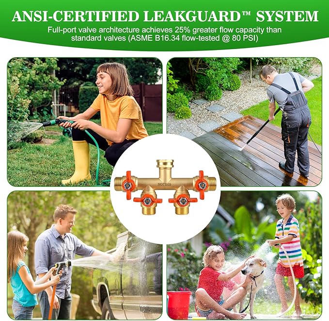 4 Way Brass Hose Splitter Full Flow with Metal Handle - Heavy Duty Spigot Splitter with Shut Off Valve, 3/4" GHT Garden Tap Connector