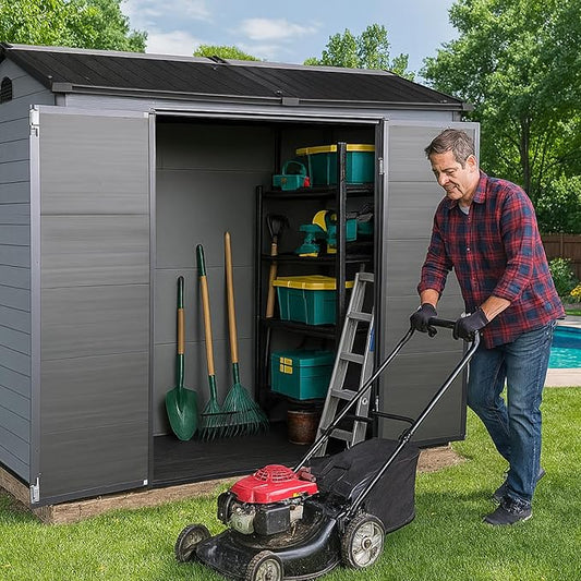 8x4ft Resin Outdoor Storage Shed with Floor and 2 Windows, Plastic Sheds & Outdoor Storage Clearance for GardenTools, Patio Furniture, Bike Accessories and Lawn Mower, Black+Grey