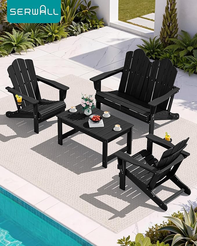 SERWALL Outdoor Coffee Table with 1.69" Umbrella Hole, HDPE Patio Coffee Table for Outside, Rectangle, Black
