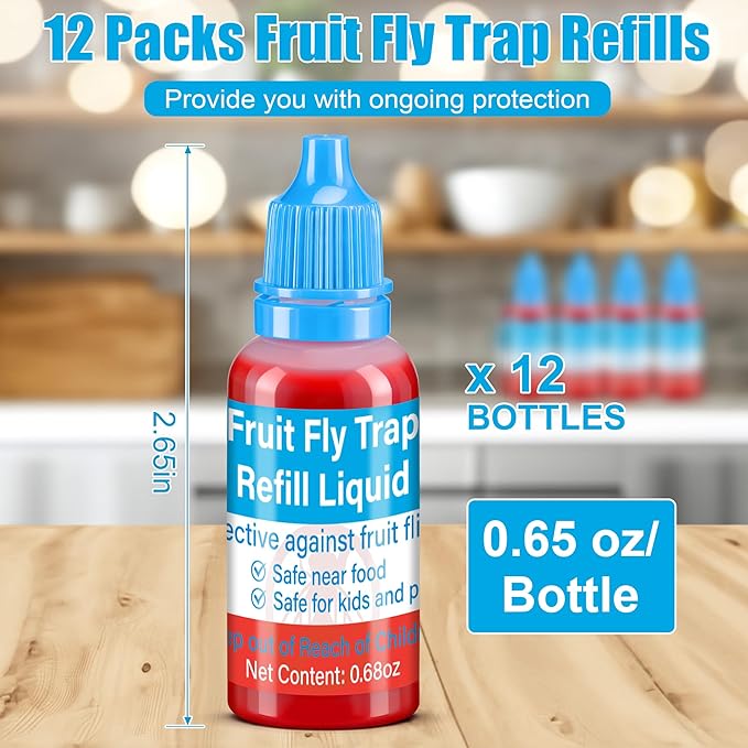 Fruit Fly Trap Refills Liquid Only, 12 Pack Fruit Fly Traps for Indoors, Refill Liquid for Gnats Fruit Fly and Mosquito Traps, Fruit Bait Home, Kitchen, Safe Near Pets and Food