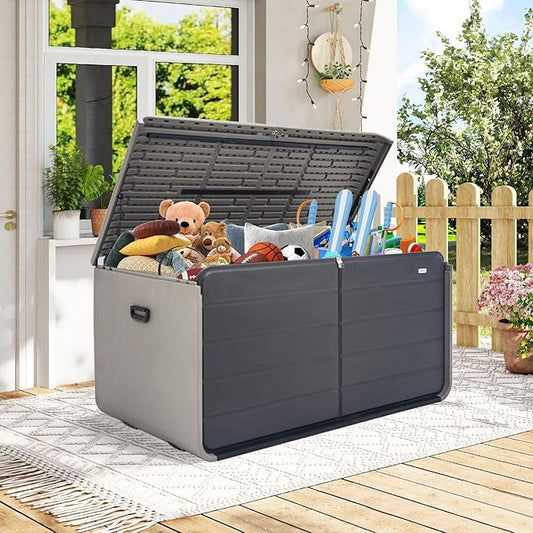 Domi 260 Gallon Outdoor Storage Box – Waterproof, UV-Resistant Deck Box with Lockable Lid for Patio Furniture, Garden Tools, Delivery Packages (Large Resin Storage Bin)