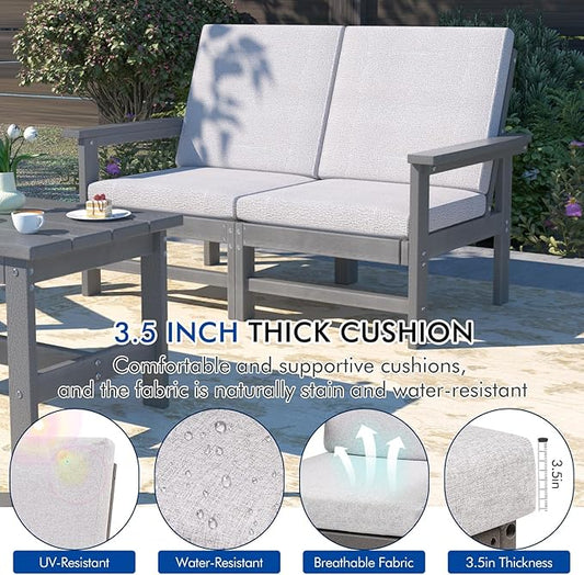 3-Piece HDPE Patio Furniture Set, All-Weather Outdoor Sectional Sofa Set with Coffee Table, Wood-Like Composite Conversation Couch for Deck, Lawn, Balcony - Grey Frame