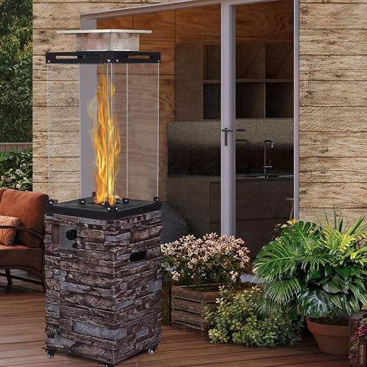 Outdoor Patio Propane Fire Heater with Weather Cover Glass 41000 BTU Fireplace Patented & CSA Certificated, Stackstone Brown