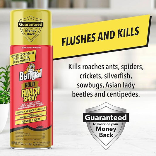 Bengal Gold Roach Spray - Odorless, Stain-Free Bug Spray for Home - Prevents Reinfestation for Up to 6 Months - 11 oz, 4 Pack