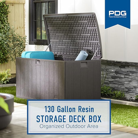 Plastic Development Group Outdoor Storage Deck Box, Soft Closure, 130 Gallon, Driftwood