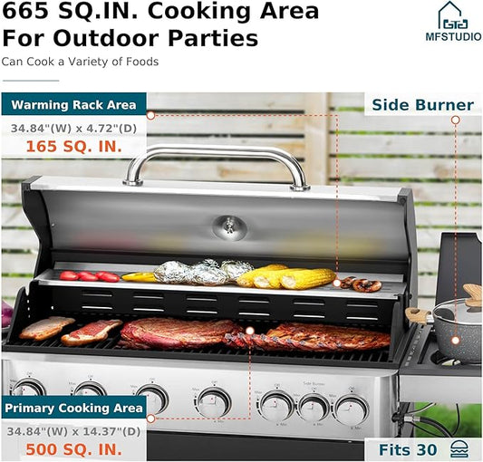 MFSTUDIO 6-Burner Propane Gas Grill, Stainless Steel BBQ Grill with Side Burner and Porcelain-Enameled Cast Iron Grates, High Output Gas BBQ Grills for Barbeque and Outdoor Cooking
