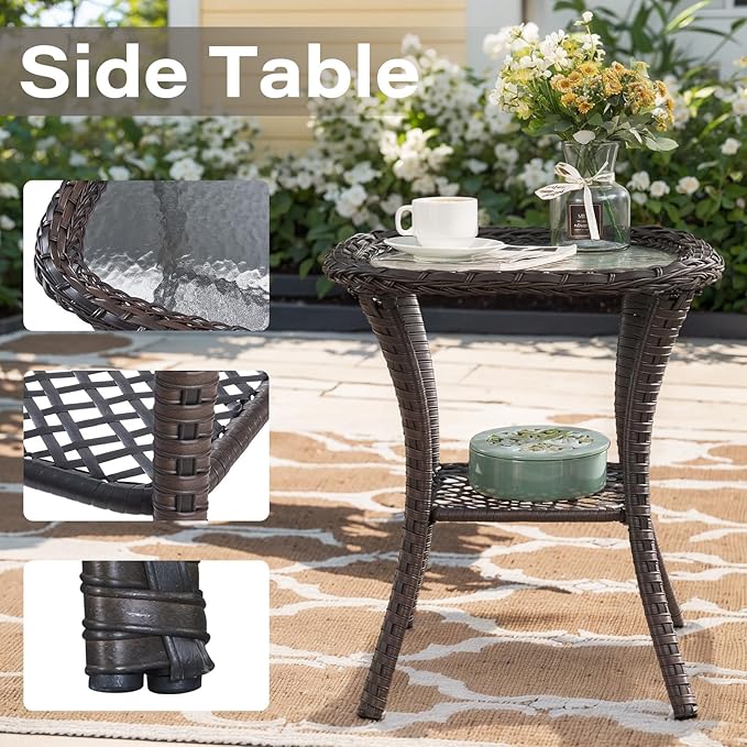 Belord 5 Pieces Outdoor Patio Furniture Set with 50000 BTU Propane Fire Pit Table, Deep Seating Wicker Swivel Rocker Chairs and Loveseat Glider Patio Conversation Set for Deck Poolside Backyard Beige