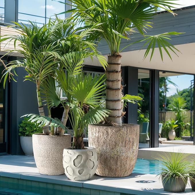 Round Concrete Style Planter Set of 3, Large Outdoor Flower Pots with Drainage, Stone Texture Plant Pots for Indoor Outdoor Garden, Patio & Balcony Décor (3, Sandstone)