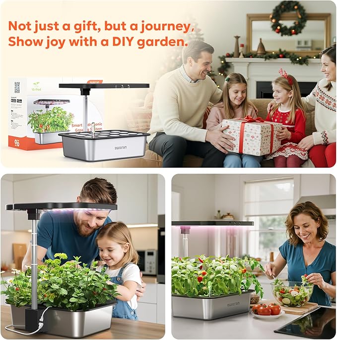 owltron Smart Hydroponics Growing System Kit,15 Pods Indoor Herb Garden with 36W LED Grow Light & APP Control, Planting Height Up to 30", Quiet Water Pump, Stainless Steel - Ideal Gift for All Ages