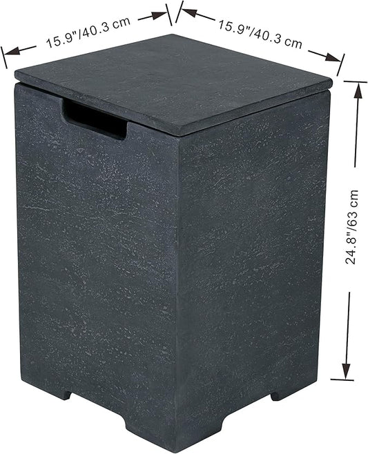 AMS Fireplace | Elementi Square Travertine Tall Dark Grey Propane Tank Cover | Marble Porcelain Top with Concrete GFRC Base | 15.9 × 15.9 × 24.9 inches | Suited For Positano Dark Grey Fire Pit Table