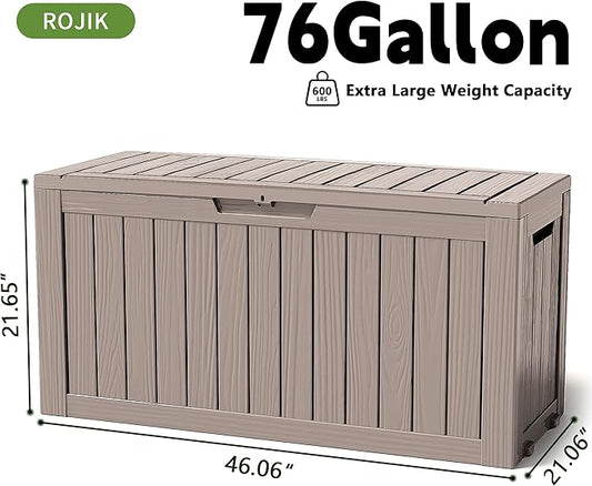 ROJIK Outdoor Storage Housing Deck Box - Waterproof Patio Furniture, Garden Tools, Cushions, Pool Accessories Storage Bench with Lockable Lid and Side Handles (Grey 76 Gal)