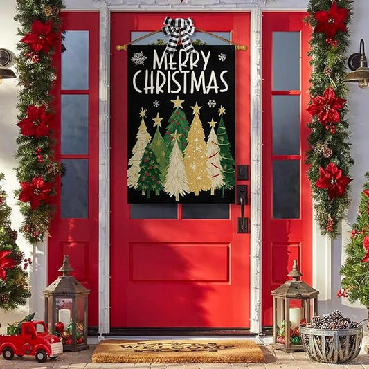 AVOIN colorlife Merry Christmas House Flag 28x40 Inch Double Sided Outside, Christmas Trees Winter Holiday Yard Outdoor Flag Black