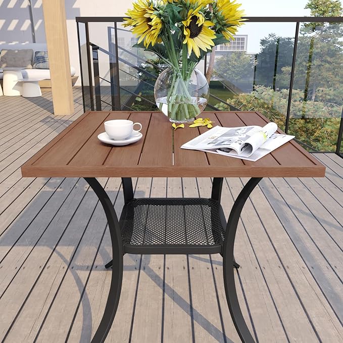 VICLLAX Small Square Outdoor Patio Table, All Weather Metal Outdoor Dining Table for Lawn Garden, 27.5"x 27.5" Patio Table for Outside, Walnut Tabletop